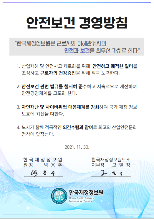 안전·보건 경영방침
한국 재정정보원은 근로자와 이해관계자의 안전과 보건을 최우선 가치로 한다.
1. 산업재해 및 안전사고 제로화를 위해 안전하고 쾌적한 일터를 조성하고 근로자의 건강증진을 위해 적극노력한다.
2. 안전보건 관련 법규를 철저히 준수하고 지속적으로 개선하여 안전경영체계를 고도화 한다.
3. 자연재난 및 사이버위협 대응체계를 강화하여 국가 재정 정보 보호에 최선을 다한다.
4.노사가 함께 적극적인 의견수렴과 참여로 최고의 산업안전문화 정착에 앞장선다.